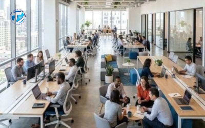 Văn phòng không gian mở với khu vực làm việc linh hoạt